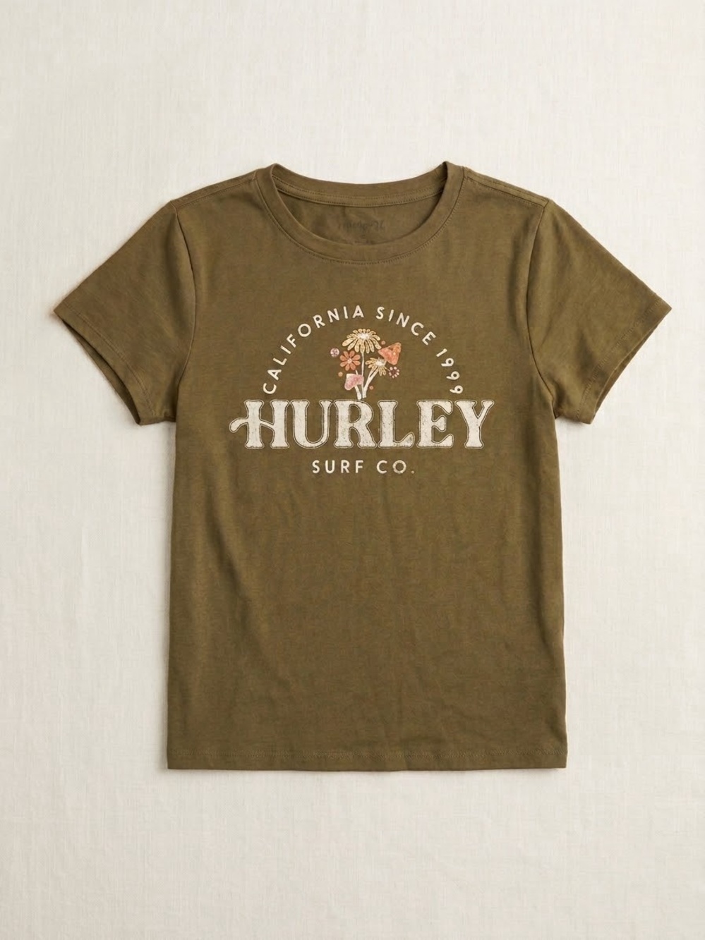 Hurley Olive Green Graphic Tee with Floral Surf Logo